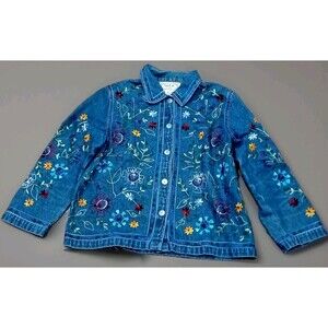 Vintage Tantrums PL Embroidered Denim Jacket Boho Cottagecore Floral Jean Y2K